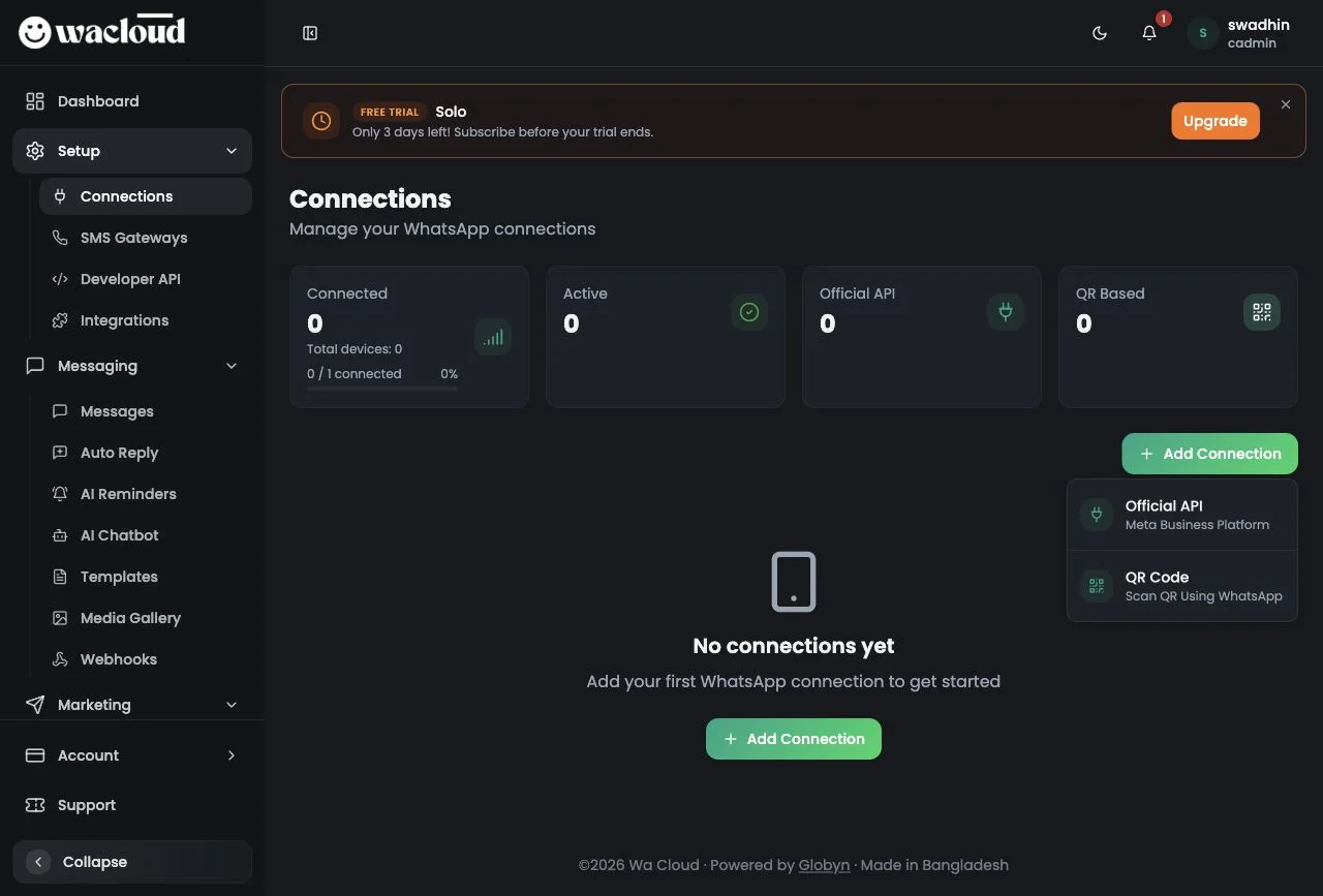 WACloud Add Connection screen showing Official API through Meta Business Platform and QR Code options