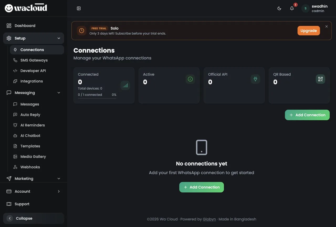 WACloud connections page in the current portal