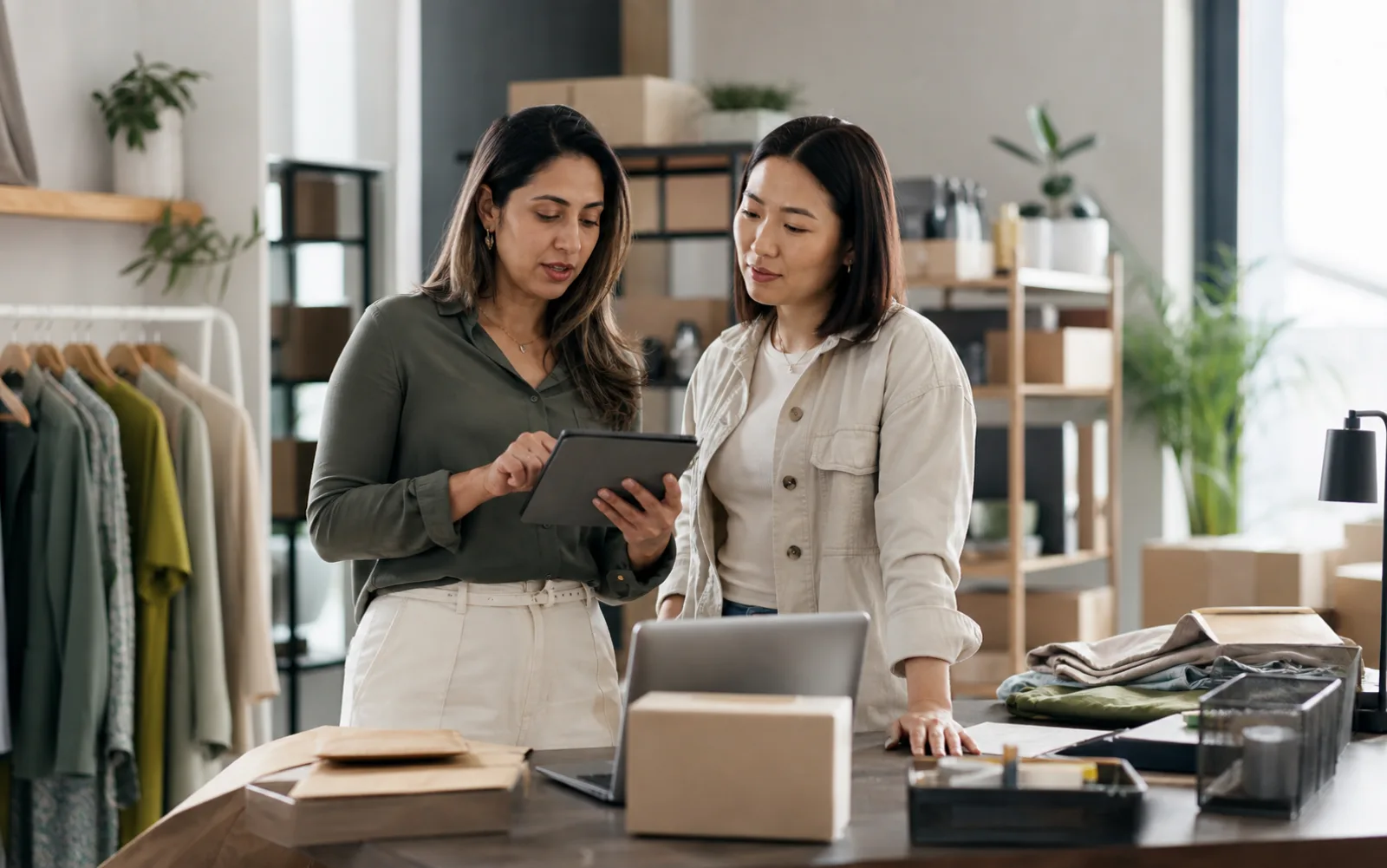 South Asian and East Asian operations professionals coordinating work with a tablet