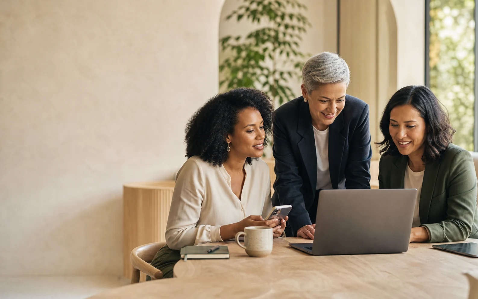Three women business professionals collaborating around a laptop and smartphone in a bright workspace