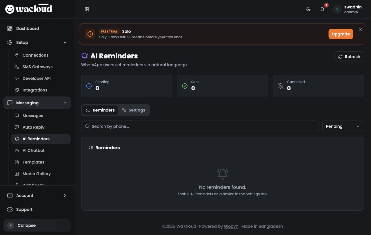 WaCloud AI Reminders sidebar