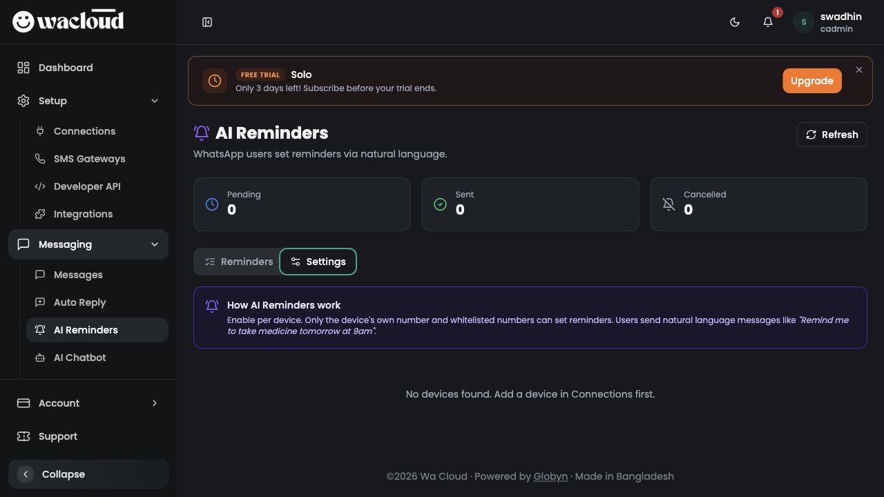 AI Reminders settings no device