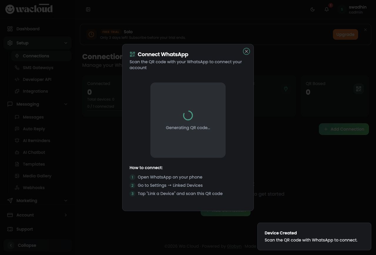 Connect WhatsApp QR dialog